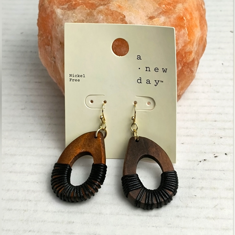 Wood Leather Dangle Earrings Brown/Black Boho